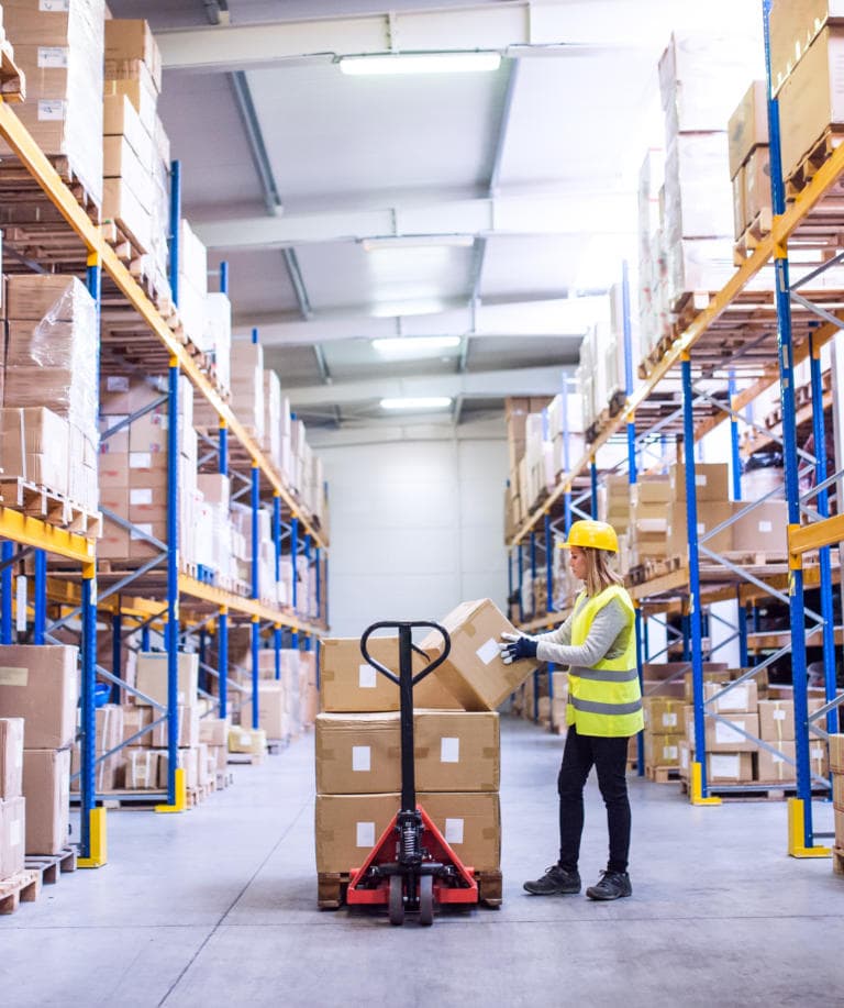 Female warehouse worker loading boxes.